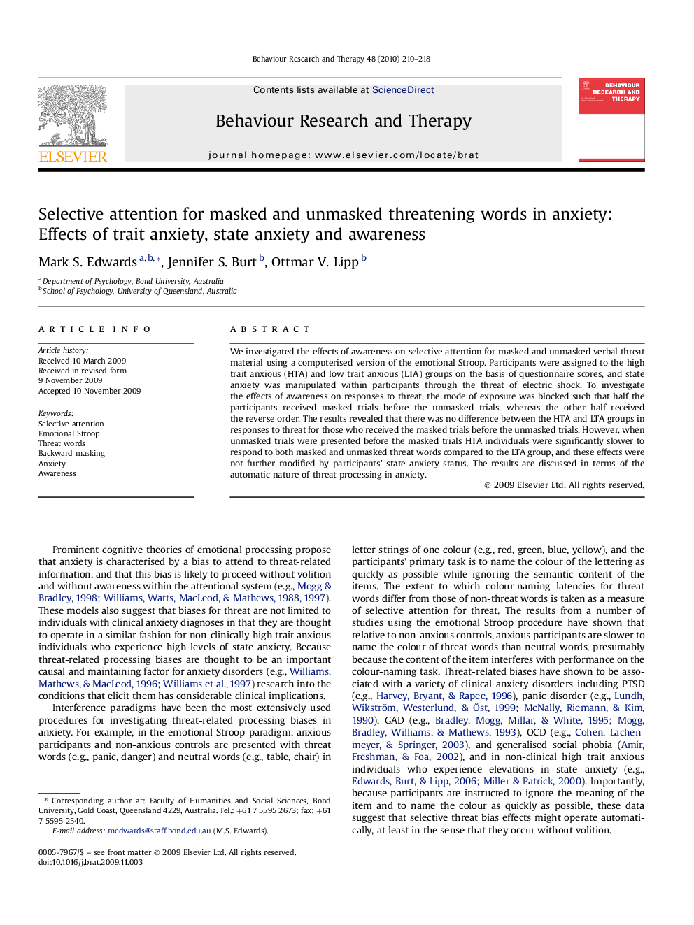 Selective attention for masked and unmasked threatening words in anxiety: Effects of trait anxiety, state anxiety and awareness