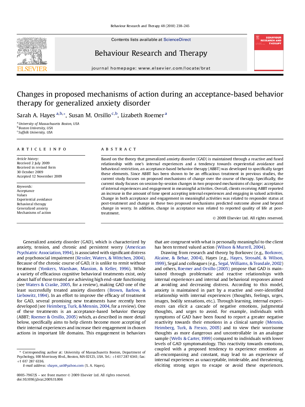 Changes in proposed mechanisms of action during an acceptance-based behavior therapy for generalized anxiety disorder