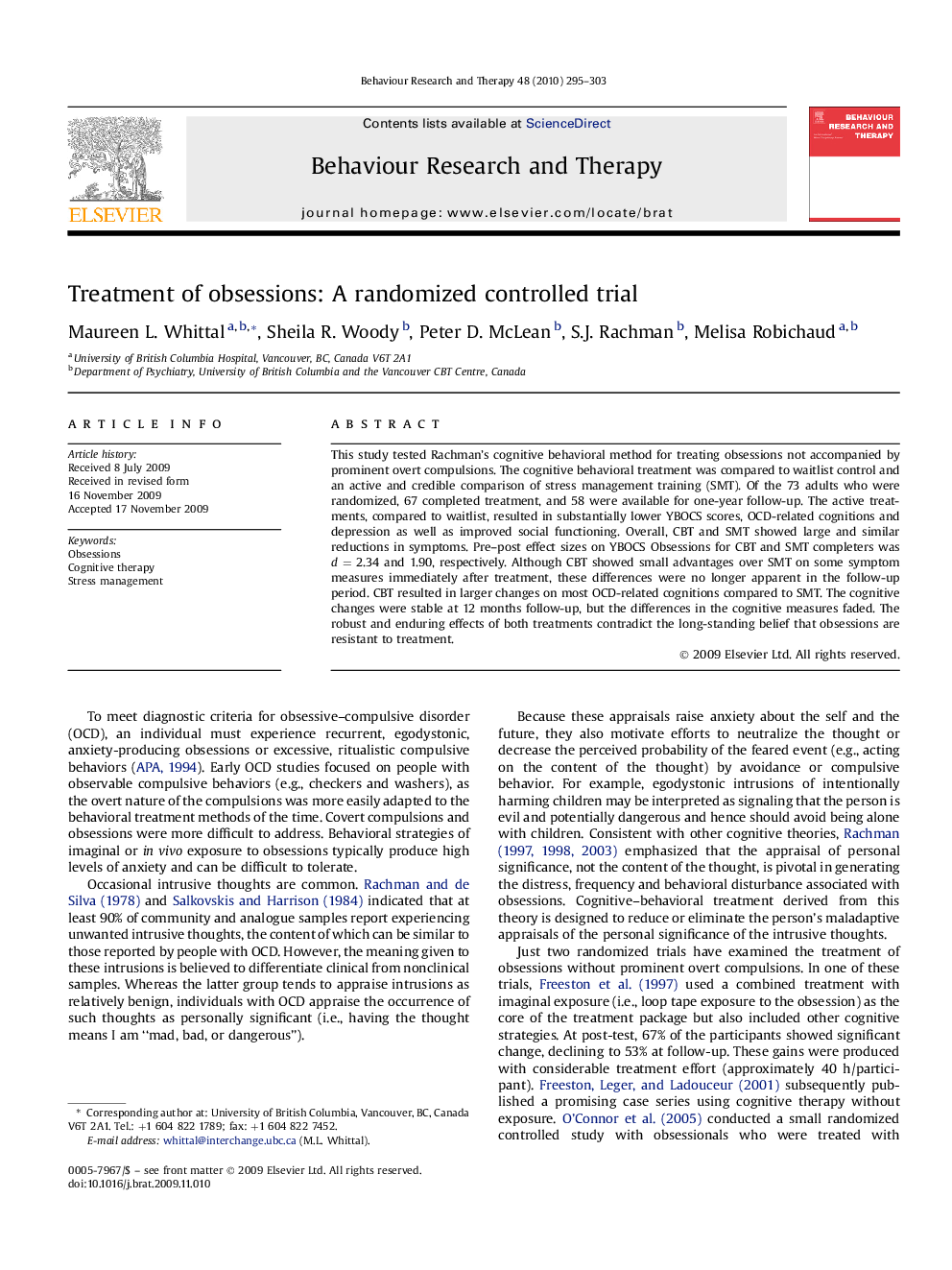 Treatment of obsessions: A randomized controlled trial