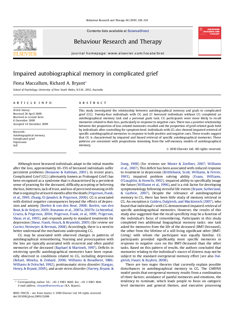 Impaired autobiographical memory in complicated grief