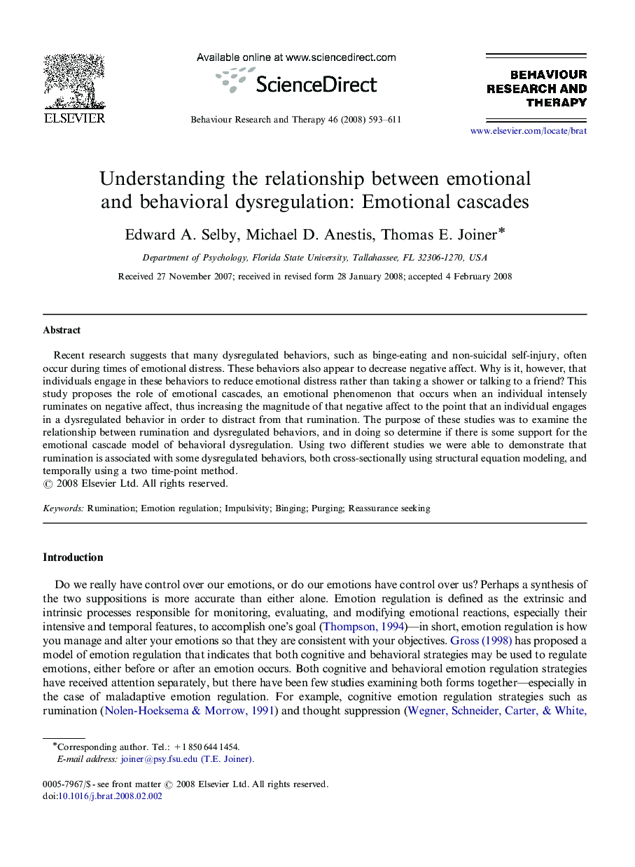 Understanding the relationship between emotional and behavioral dysregulation: Emotional cascades