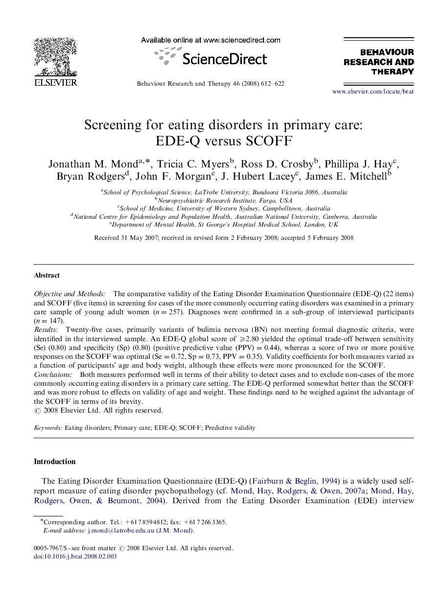 Screening for eating disorders in primary care: EDE-Q versus SCOFF