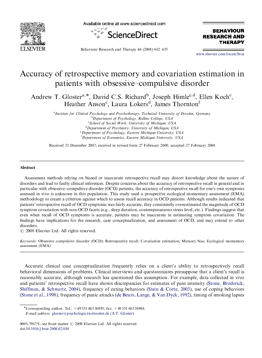 Accuracy of retrospective memory and covariation estimation in patients with obsessive-compulsive disorder