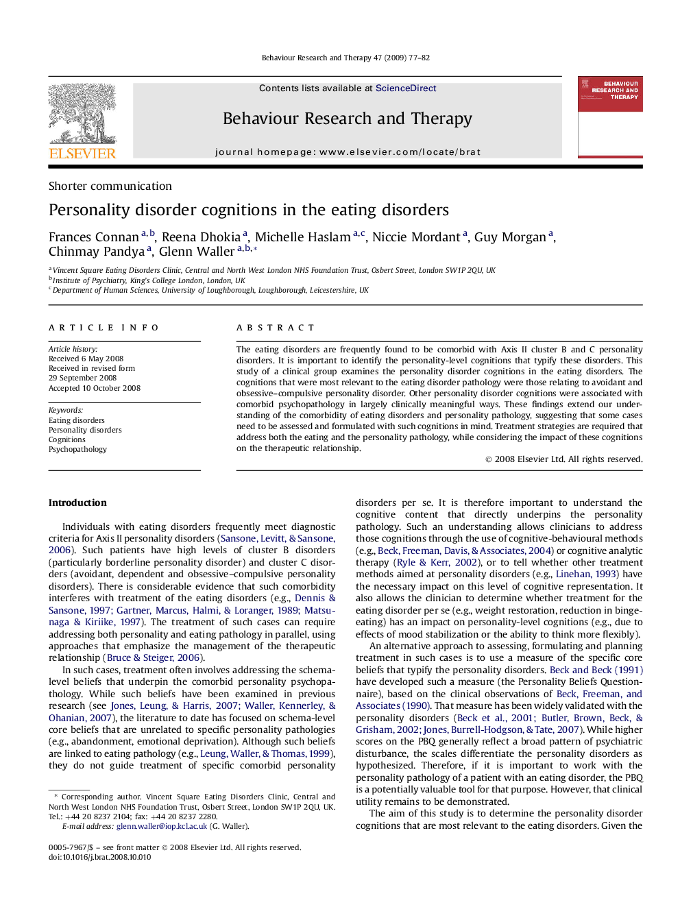 Personality disorder cognitions in the eating disorders