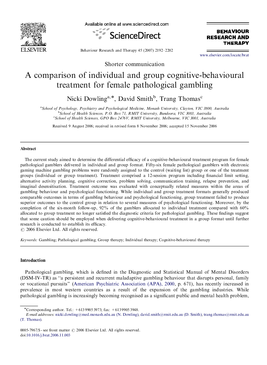 A comparison of individual and group cognitive-behavioural treatment for female pathological gambling