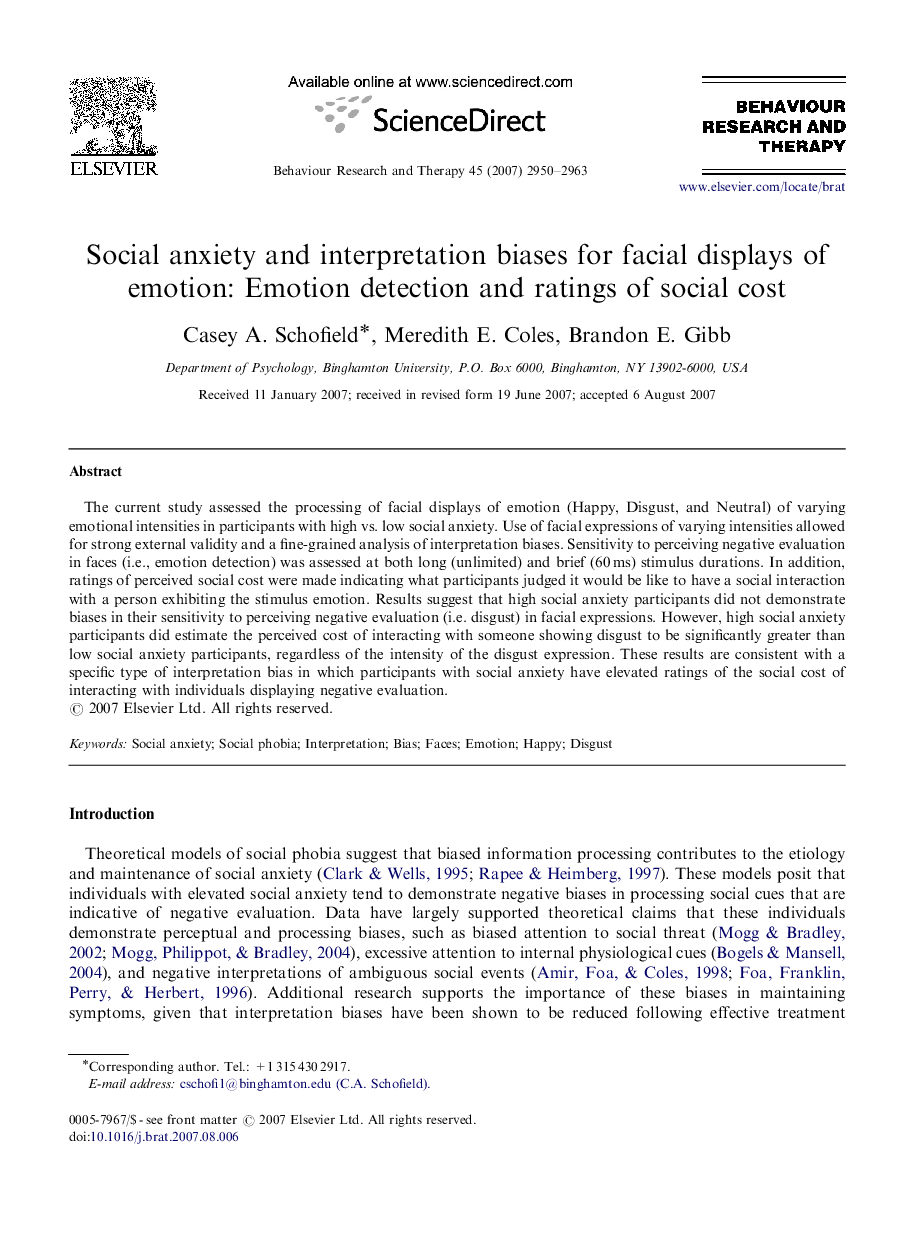 Social anxiety and interpretation biases for facial displays of emotion: Emotion detection and ratings of social cost