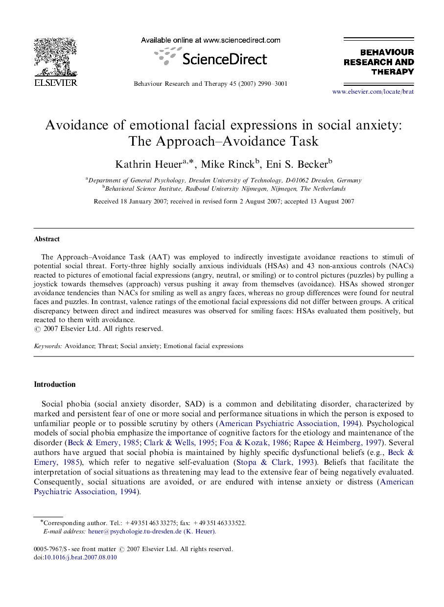 Avoidance of emotional facial expressions in social anxiety: The Approach-Avoidance Task