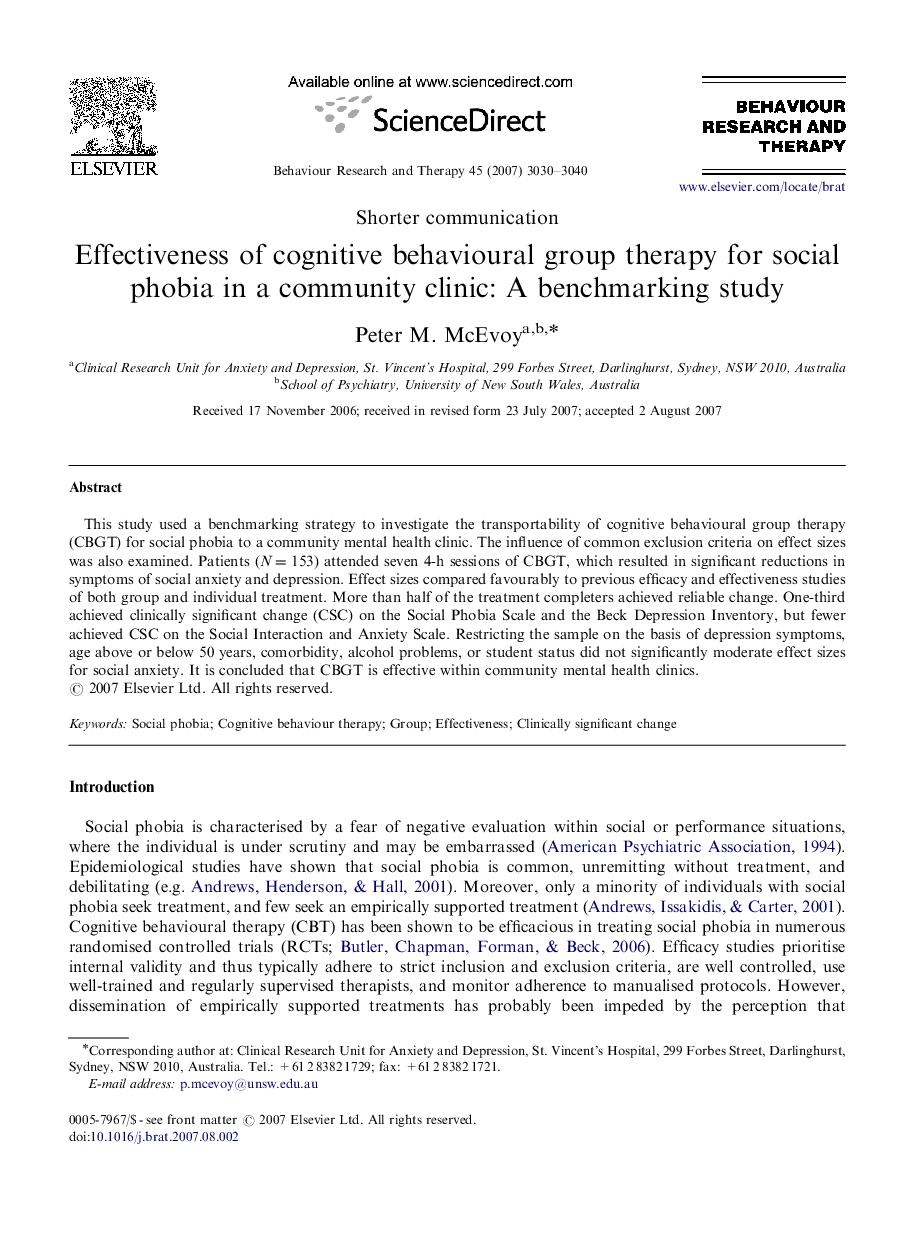 Effectiveness of cognitive behavioural group therapy for social phobia in a community clinic: A benchmarking study