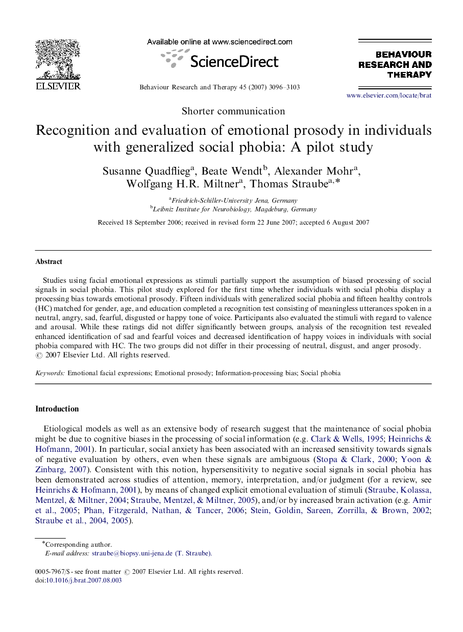 Recognition and evaluation of emotional prosody in individuals with generalized social phobia: A pilot study