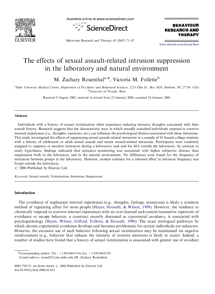 The effects of sexual assault-related intrusion suppression in the laboratory and natural environment