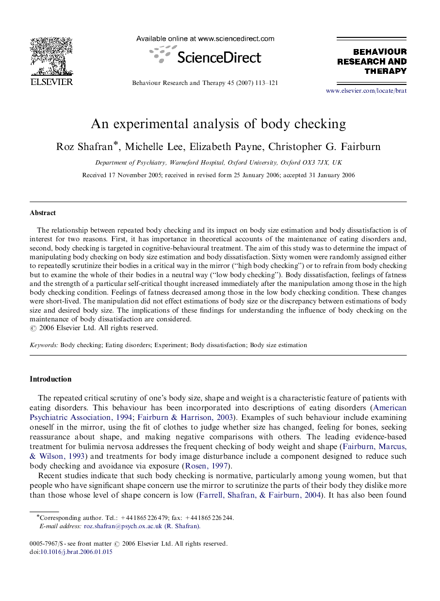 An experimental analysis of body checking