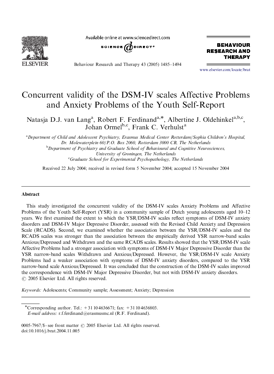 Concurrent validity of the DSM-IV scales Affective Problems and Anxiety Problems of the Youth Self-Report