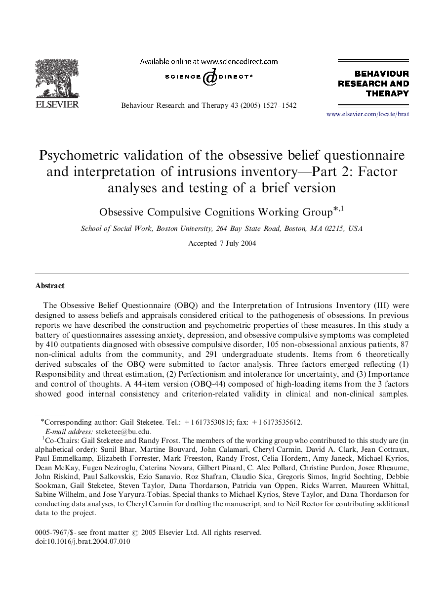 Psychometric validation of the obsessive belief questionnaire and interpretation of intrusions inventory-Part 2: Factor analyses and testing of a brief version