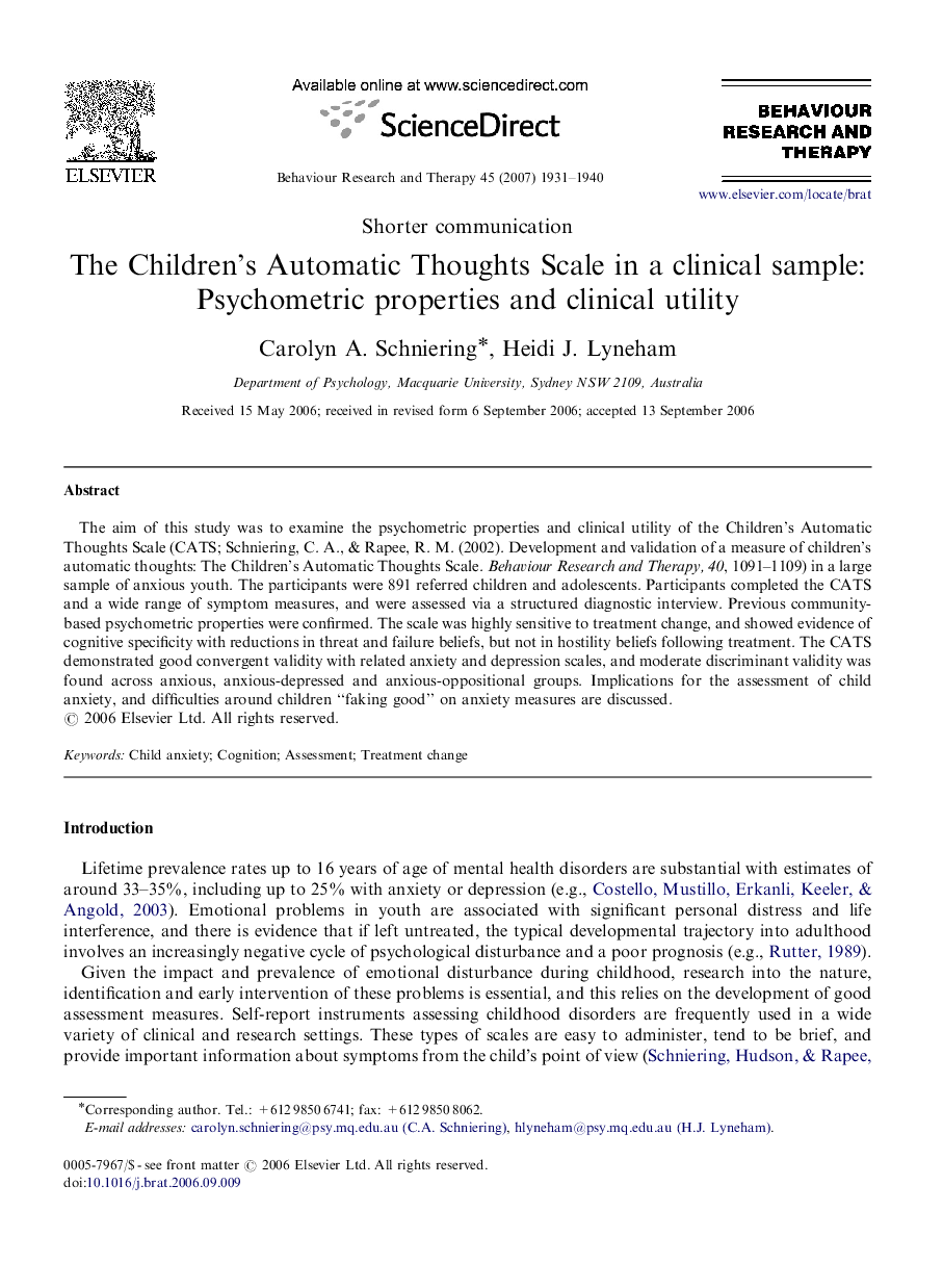 The Children's Automatic Thoughts Scale in a clinical sample: Psychometric properties and clinical utility