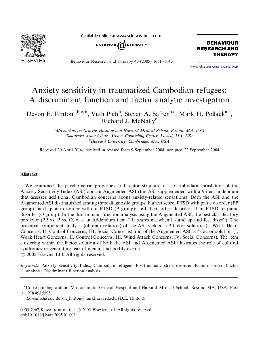 Anxiety sensitivity in traumatized Cambodian refugees: A discriminant function and factor analytic investigation