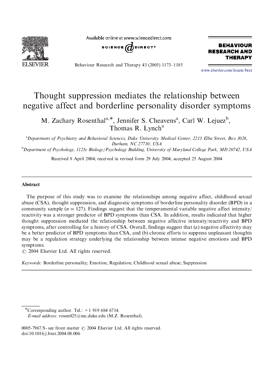 Thought suppression mediates the relationship between negative affect and borderline personality disorder symptoms