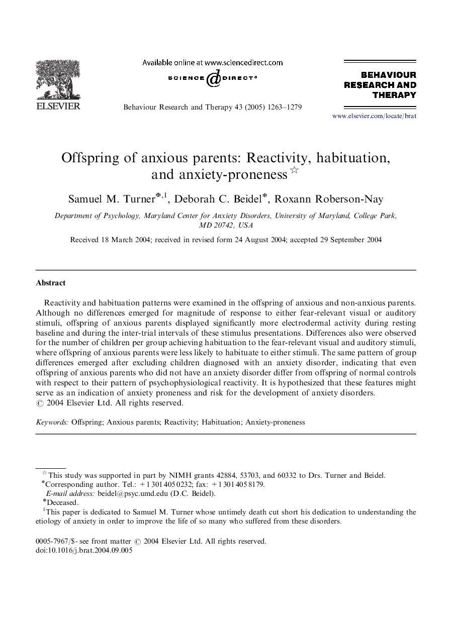 Offspring of anxious parents: Reactivity, habituation, and anxiety-proneness