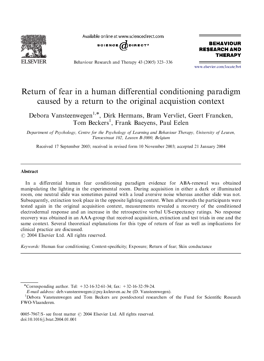 Return of fear in a human differential conditioning paradigm caused by a return to the original acquistion context