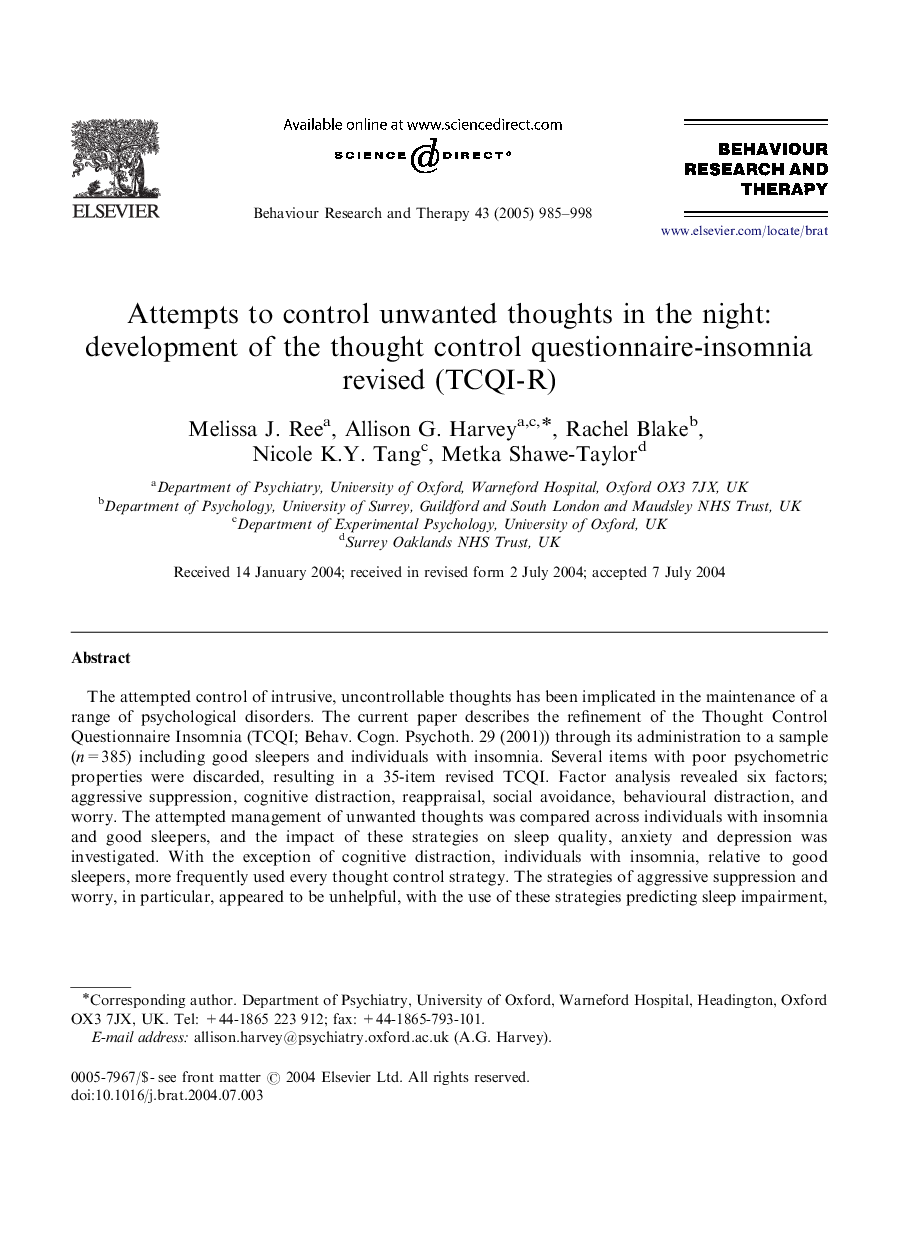 Attempts to control unwanted thoughts in the night: development of the thought control questionnaire-insomnia revised (TCQI-R)