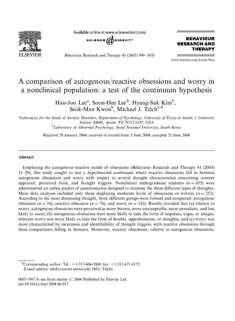 A comparison of autogenous/reactive obsessions and worry in a nonclinical population: a test of the continuum hypothesis