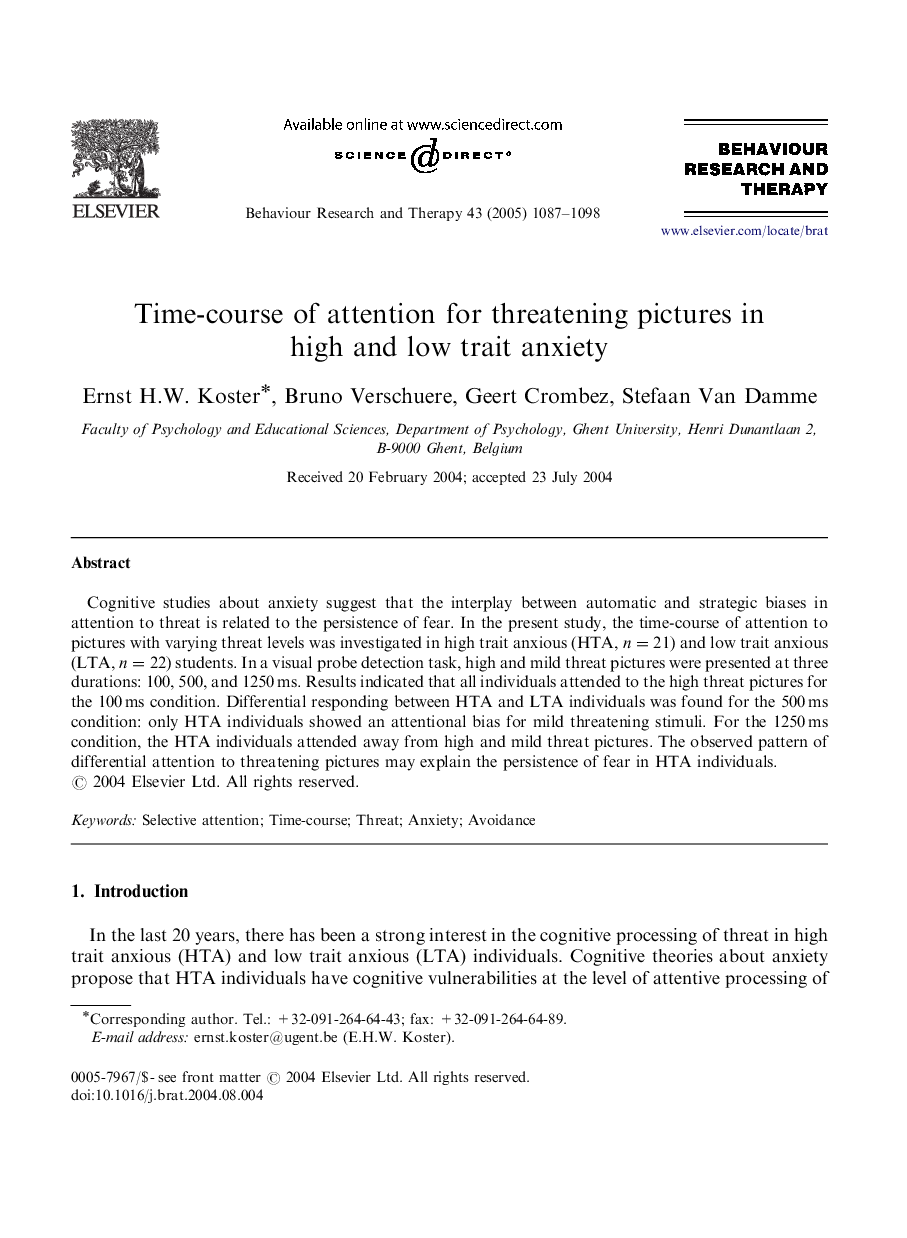 Time-course of attention for threatening pictures in high and low trait anxiety