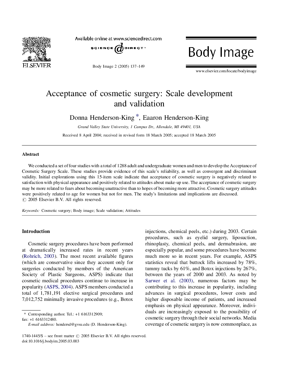 Acceptance of cosmetic surgery: Scale development and validation