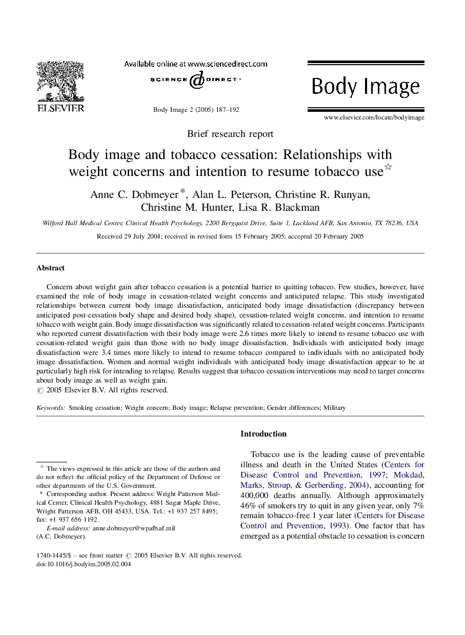 Body image and tobacco cessation: Relationships with weight concerns and intention to resume tobacco use