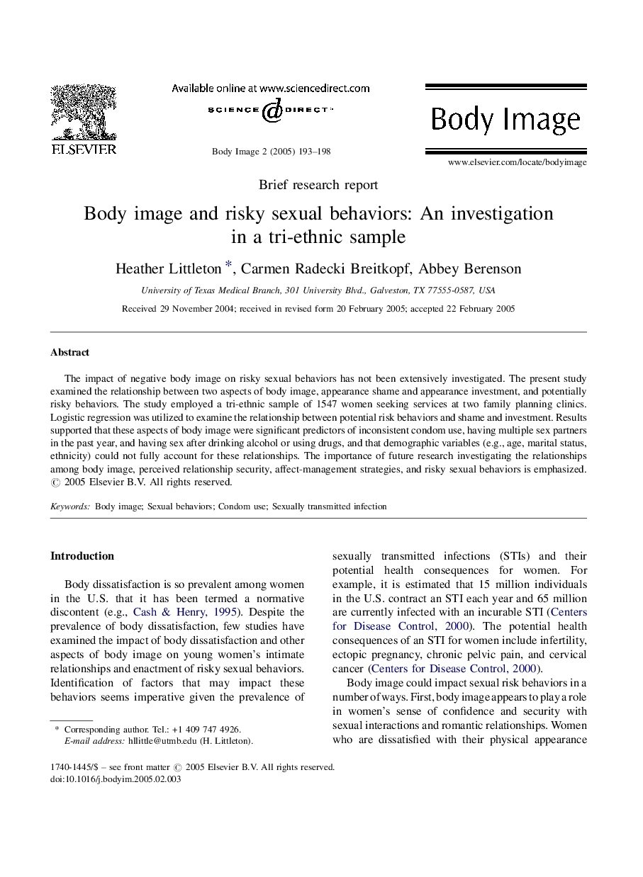 Body image and risky sexual behaviors: An investigation in a tri-ethnic sample