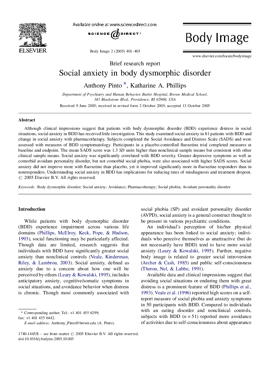 Social anxiety in body dysmorphic disorder