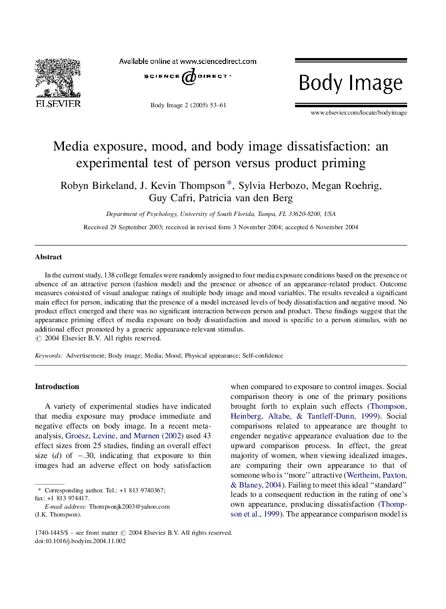 Media exposure, mood, and body image dissatisfaction: an experimental test of person versus product priming