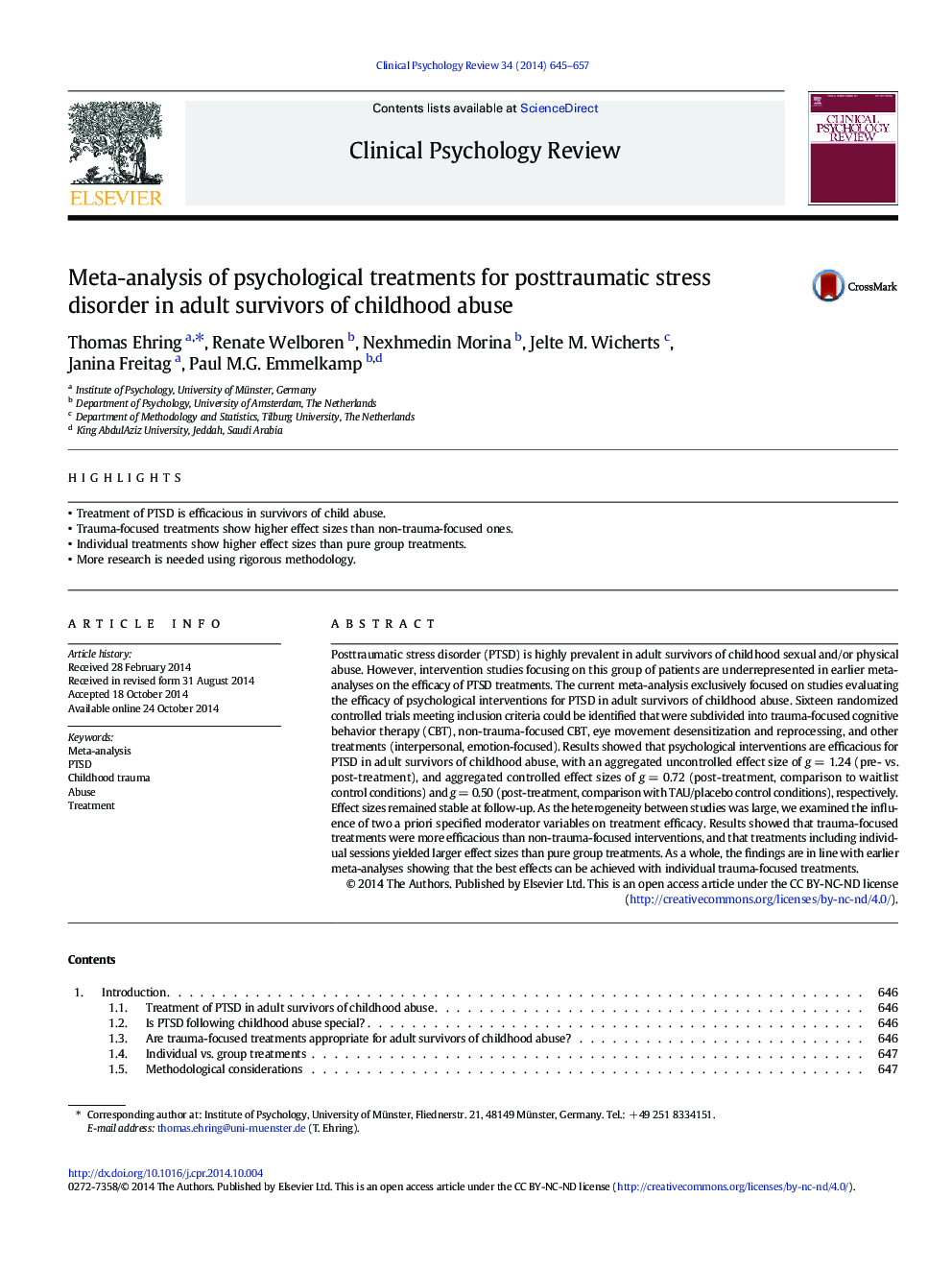 Meta-analysis of psychological treatments for posttraumatic stress disorder in adult survivors of childhood abuse