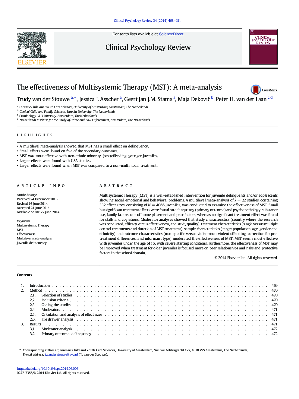 The effectiveness of Multisystemic Therapy (MST): A meta-analysis