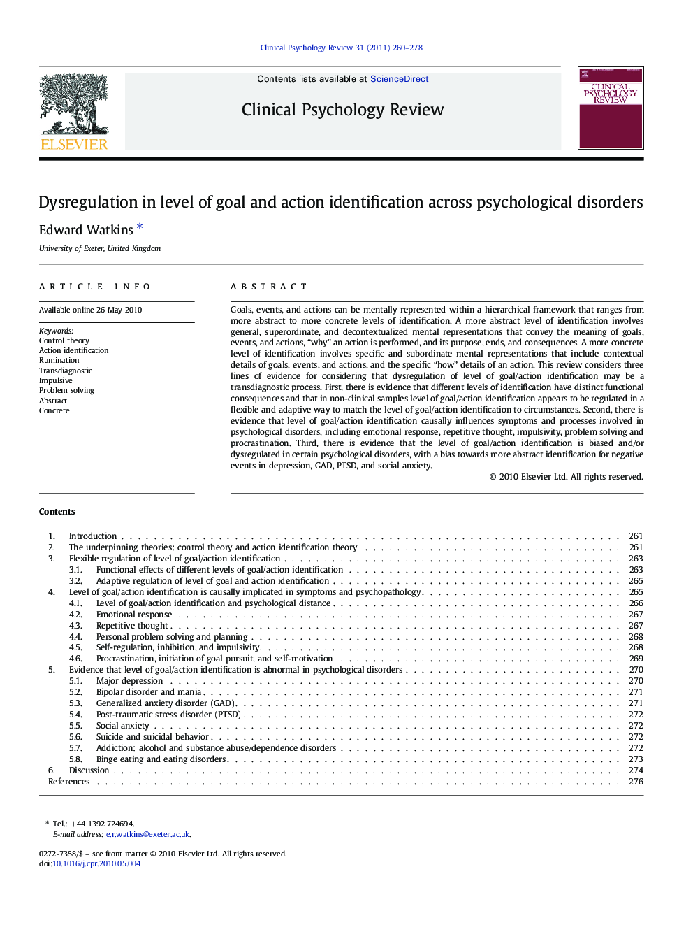 Dysregulation in level of goal and action identification across psychological disorders