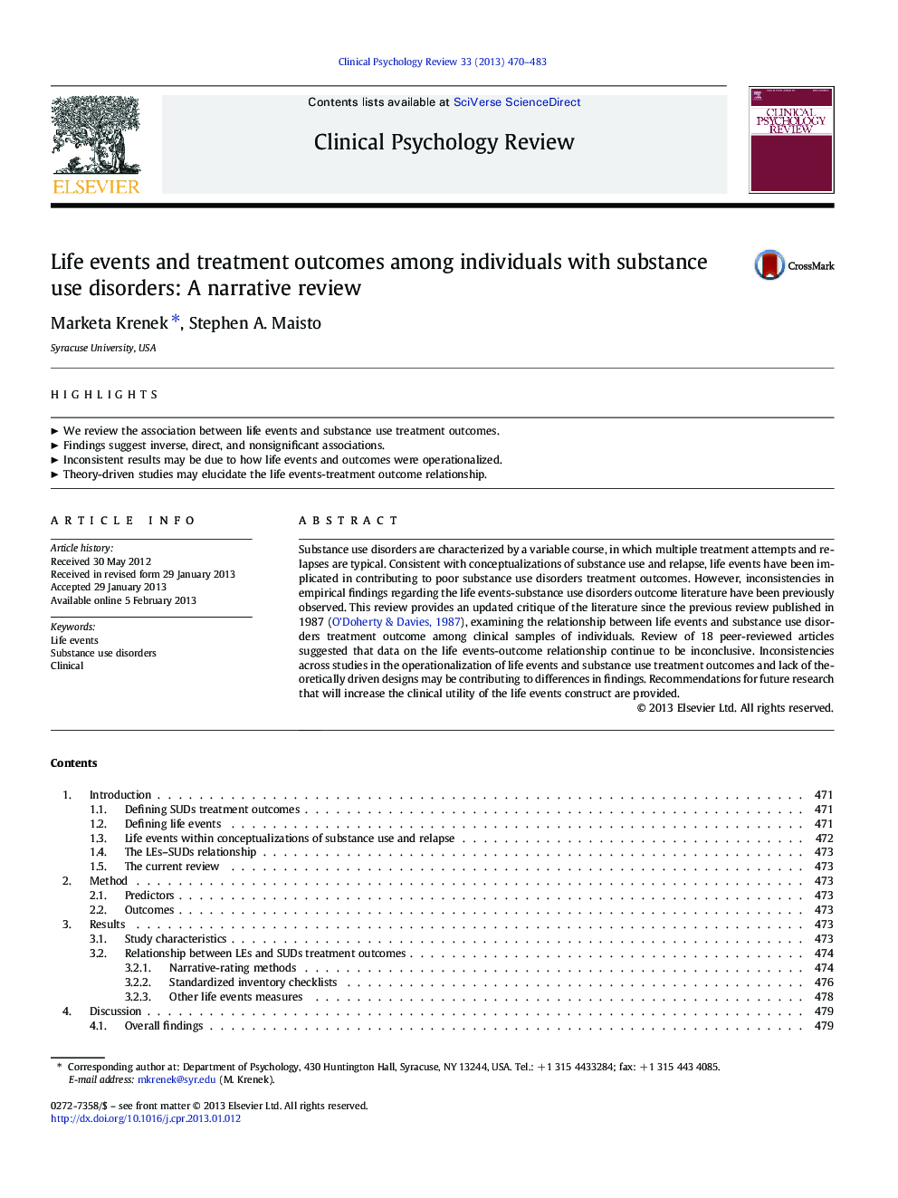 Life events and treatment outcomes among individuals with substance use disorders: A narrative review