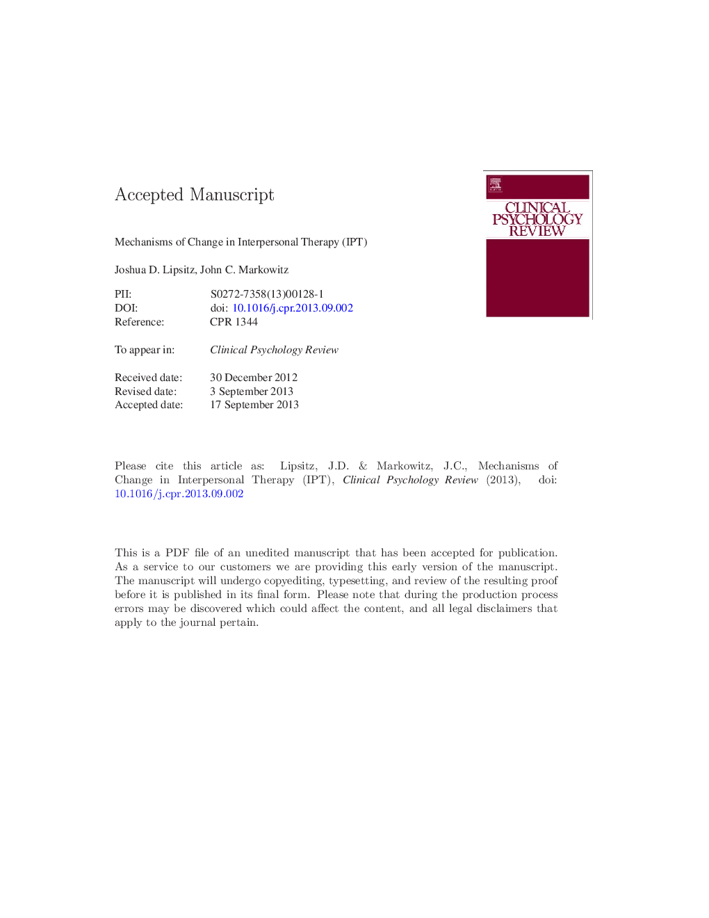 Mechanisms of change in interpersonal therapy (IPT)