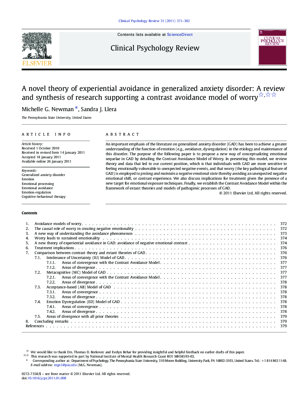 A novel theory of experiential avoidance in generalized anxiety disorder: A review and synthesis of research supporting a contrast avoidance model of worry