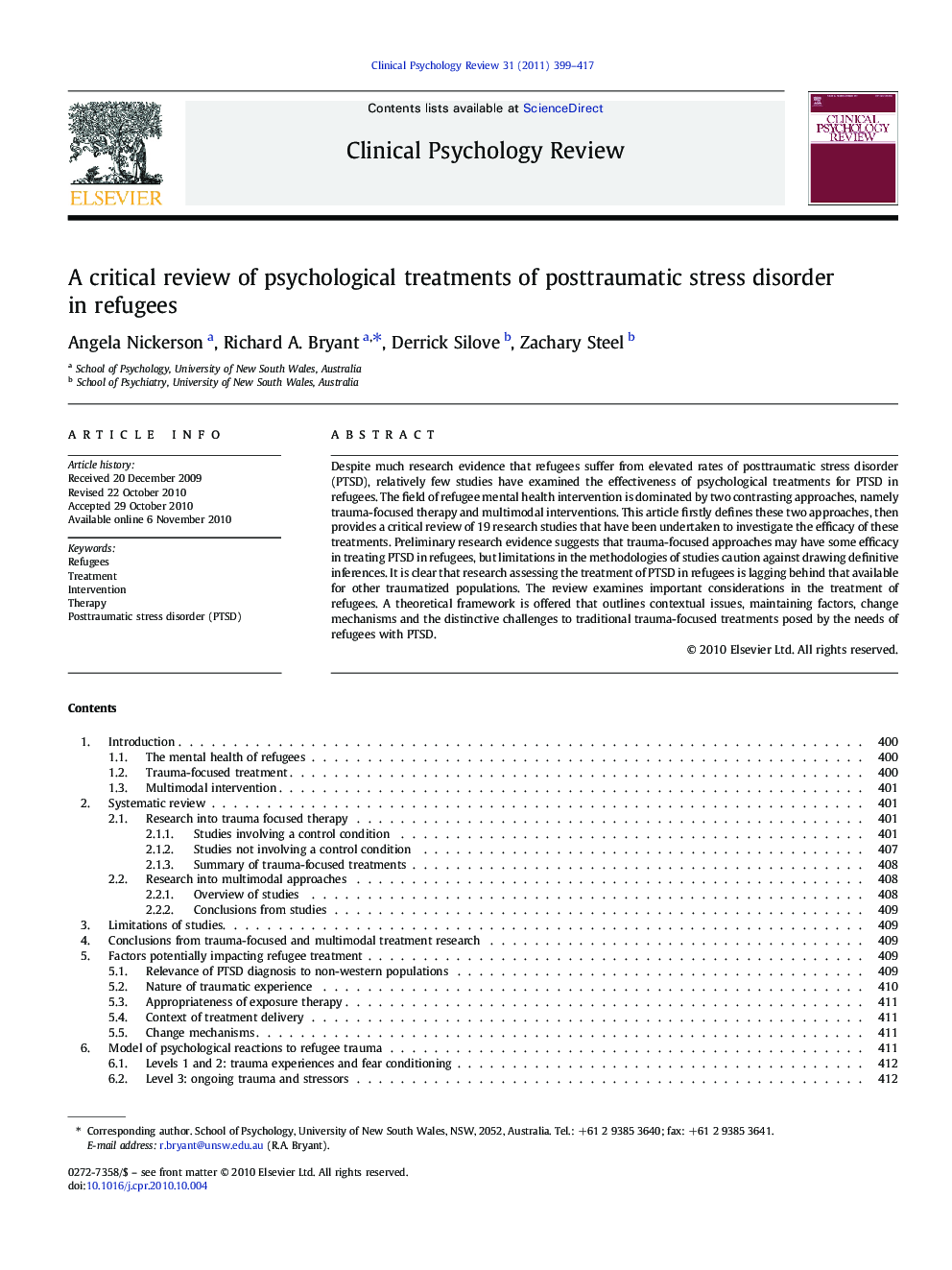 A critical review of psychological treatments of posttraumatic stress disorder in refugees