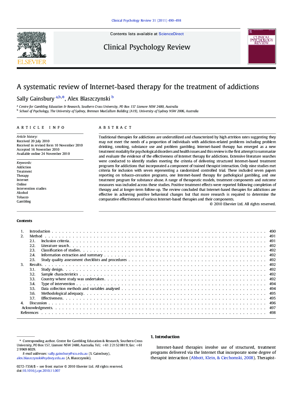 A systematic review of Internet-based therapy for the treatment of addictions