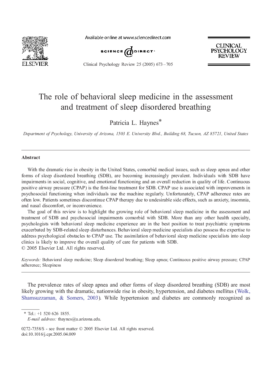 The role of behavioral sleep medicine in the assessment and treatment of sleep disordered breathing