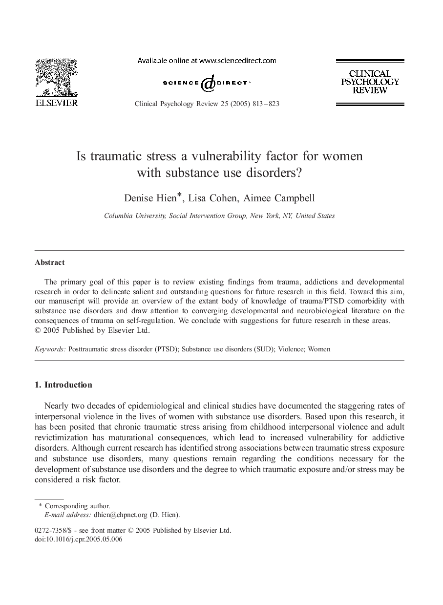 Is traumatic stress a vulnerability factor for women with substance use disorders?