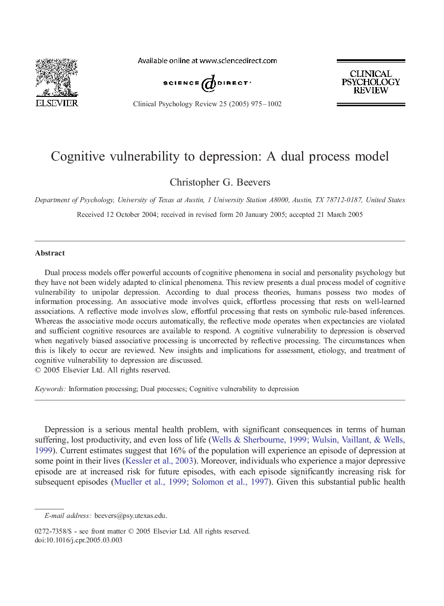 Cognitive vulnerability to depression: A dual process model
