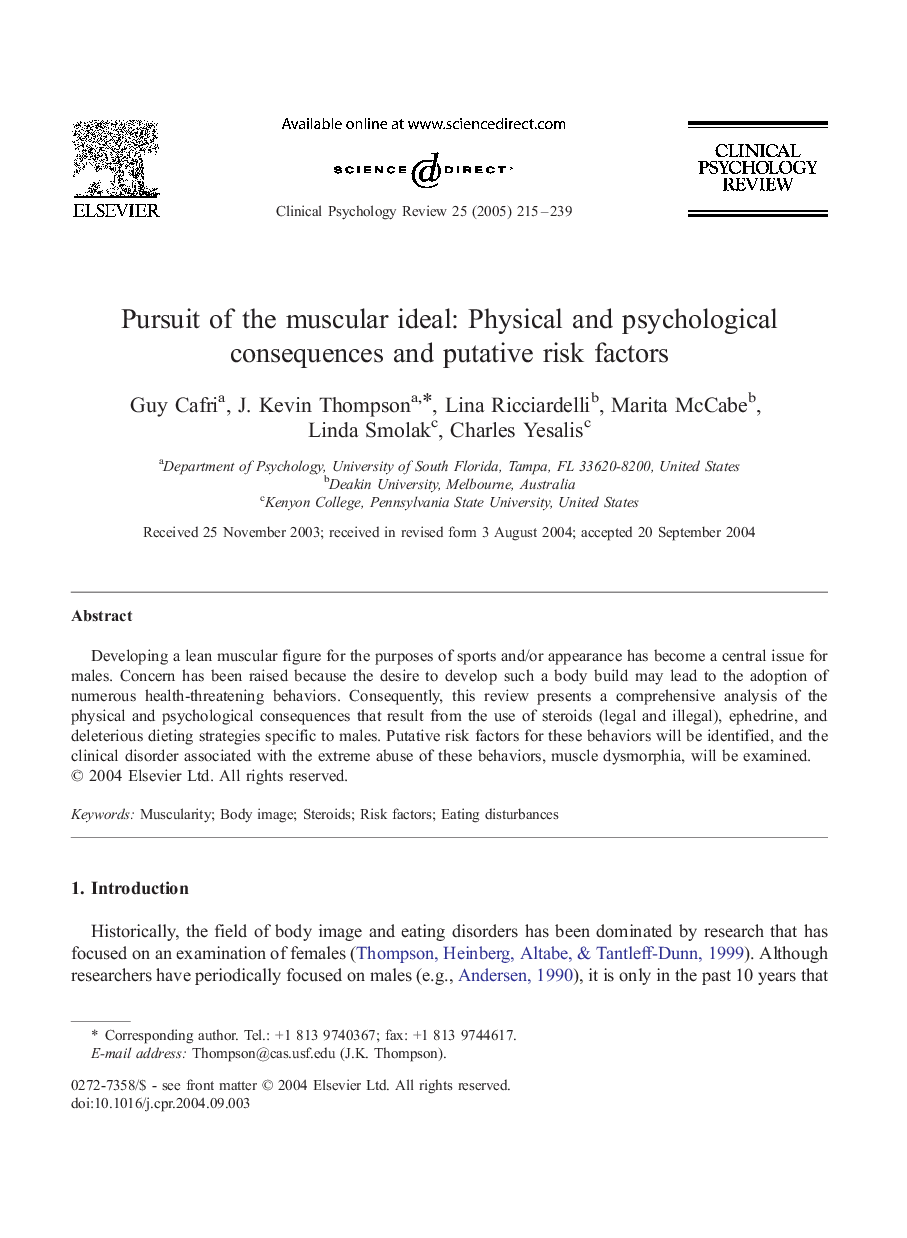 Pursuit of the muscular ideal: Physical and psychological consequences and putative risk factors