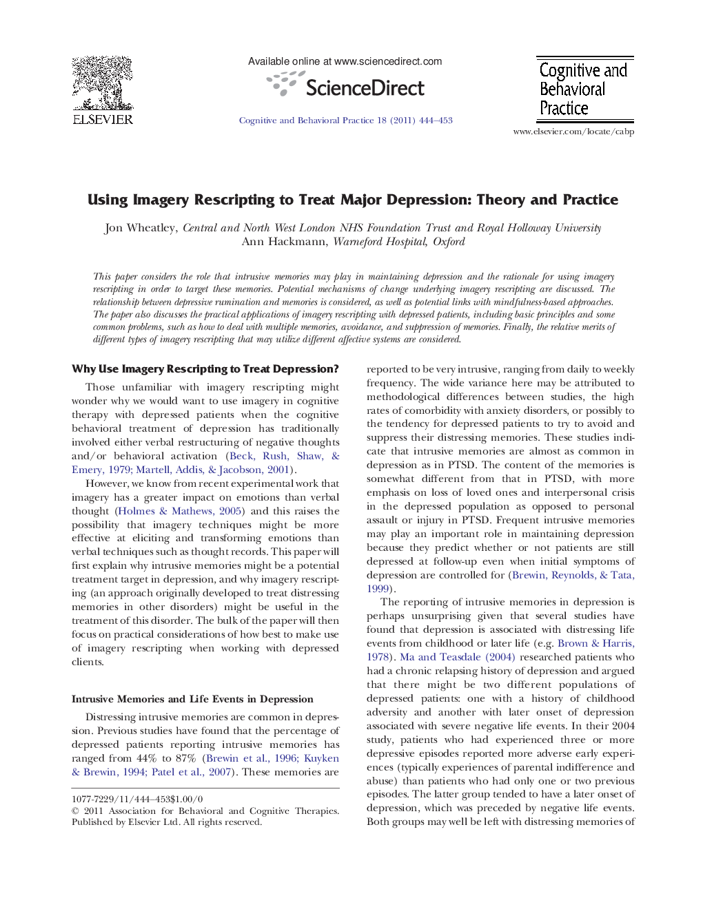 Using Imagery Rescripting to Treat Major Depression: Theory and Practice