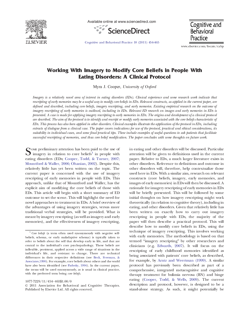 Working With Imagery to Modify Core Beliefs in People With Eating Disorders: A Clinical Protocol