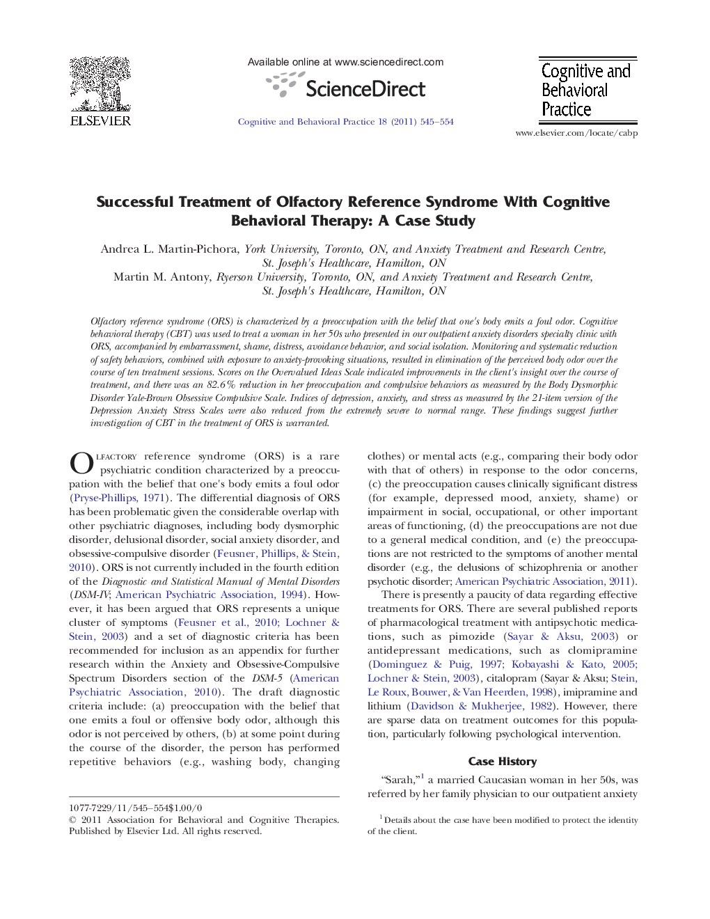 Successful Treatment of Olfactory Reference Syndrome With Cognitive Behavioral Therapy: A Case Study