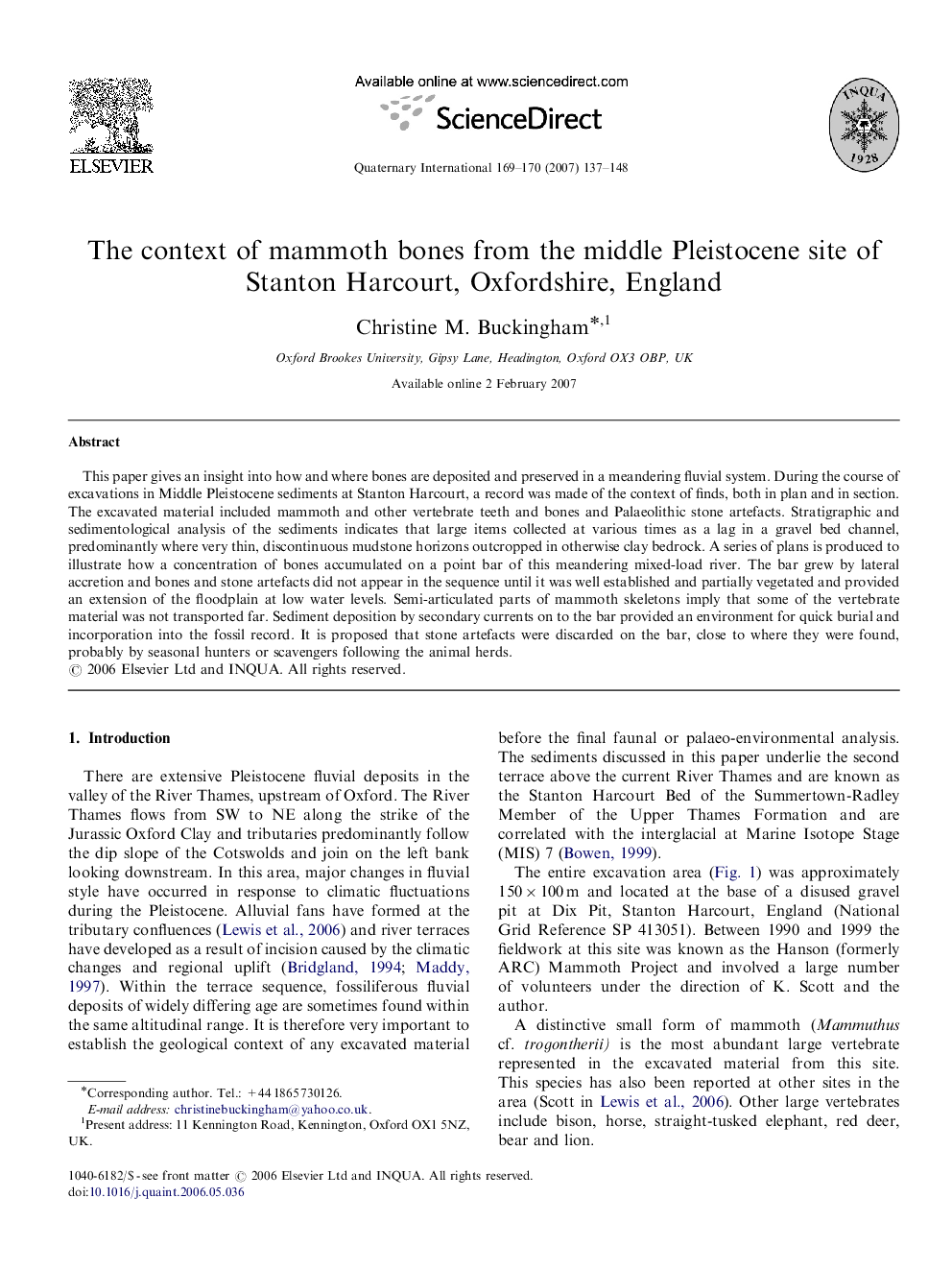 The context of mammoth bones from the middle Pleistocene site of Stanton Harcourt, Oxfordshire, England