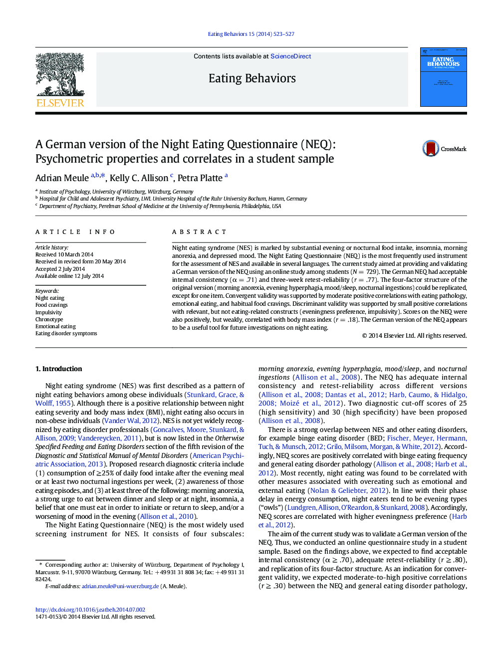 A German version of the Night Eating Questionnaire (NEQ): Psychometric properties and correlates in a student sample