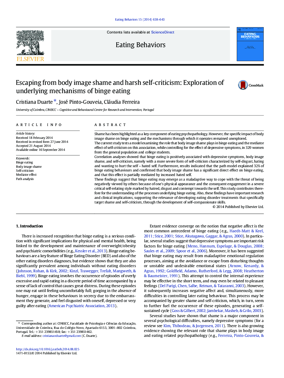 Escaping from body image shame and harsh self-criticism: Exploration of underlying mechanisms of binge eating