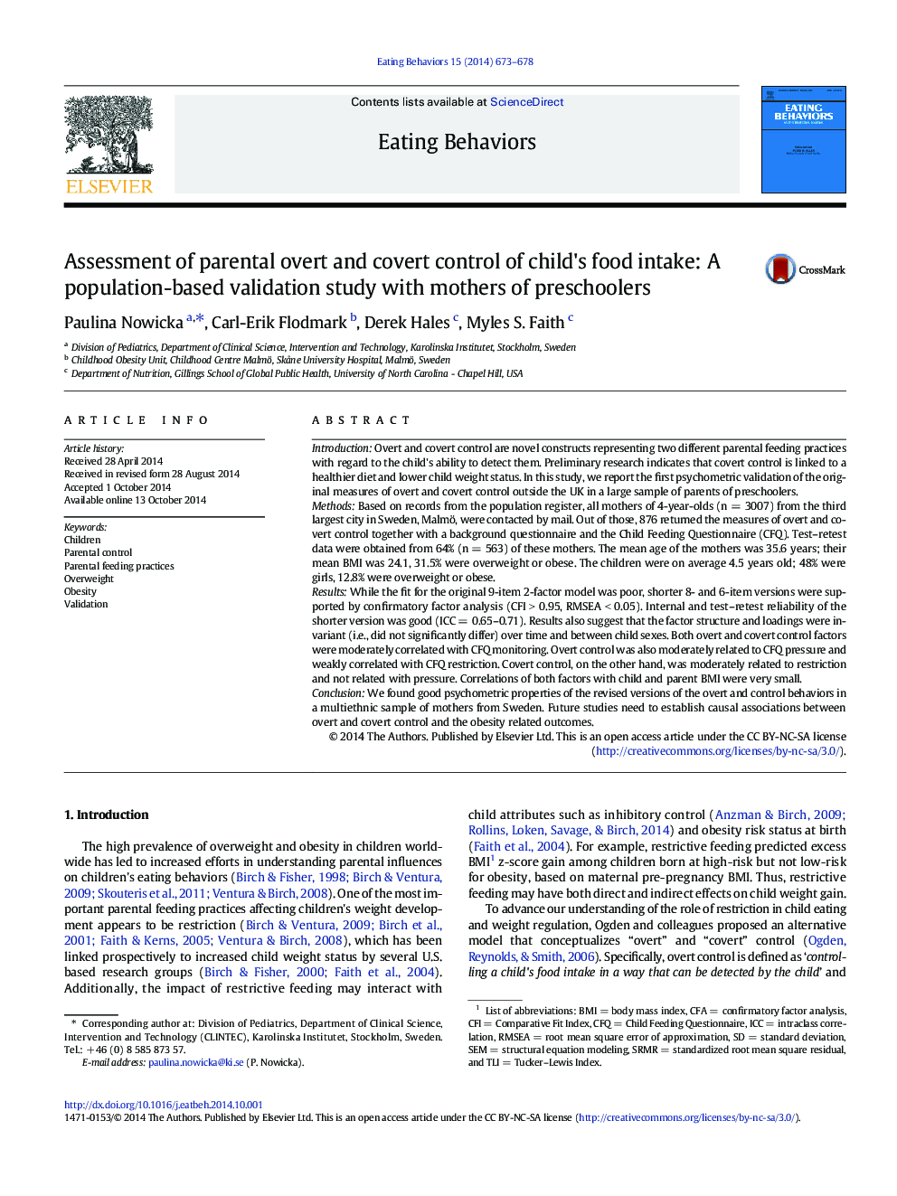 Assessment of parental overt and covert control of child's food intake: A population-based validation study with mothers of preschoolers