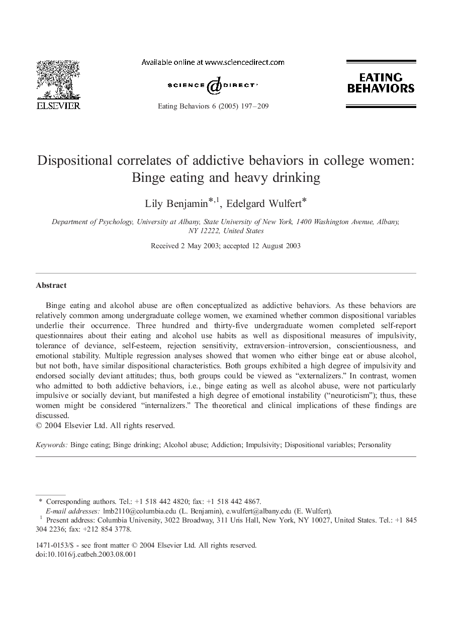 Dispositional correlates of addictive behaviors in college women: Binge eating and heavy drinking